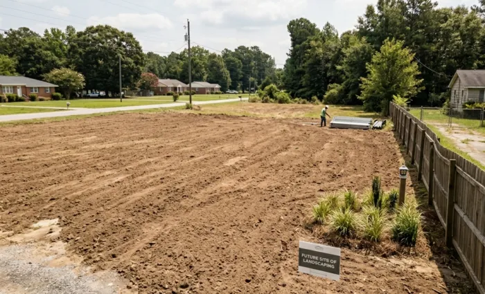 The after photo of a vacant property showcases fully cleared land with all overgrown weeds and wild brush removed, leaving clean, flattened dirt ready for construction or landscaping.