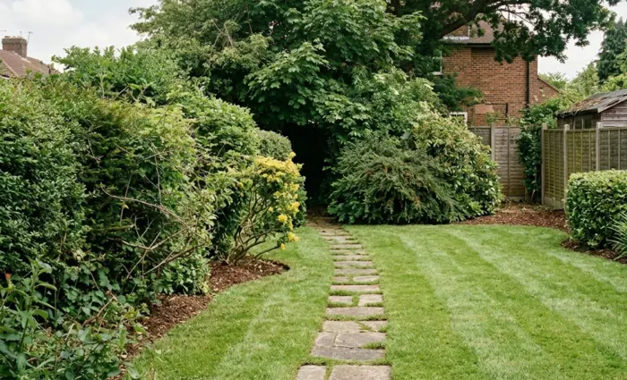 The after photo reveals perfectly trimmed bushes and a clear stone path following expert landscape pruning by Guardian Tree Care.