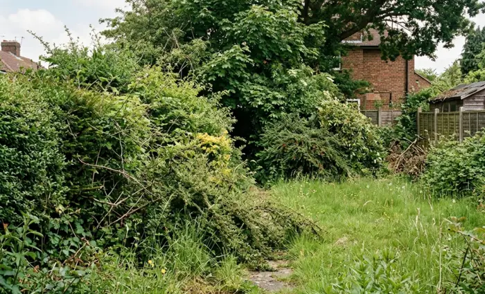 An overgrown backyard with wild hedges, dense shrubbery, and unkempt grass requiring professional garden maintenance, tree trimming, and pruning services to restore the residential property.