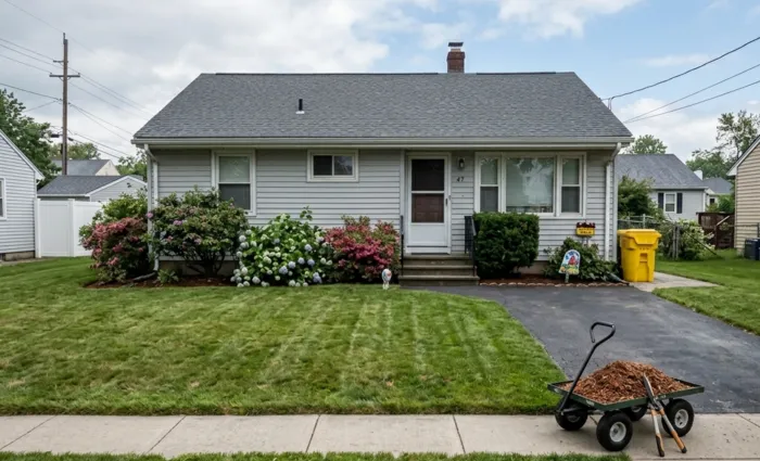 A pristine suburban yard stands completely cleared of debris by Guardian Tree Care, showcasing a beautifully restored grey residential home with a manicured lawn and clean roofline.
