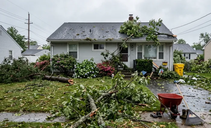 Large fallen tree branches cover the green grass and roof of a single-story suburban house, showing extensive property damage caused by a powerful storm under a cloudy sky.