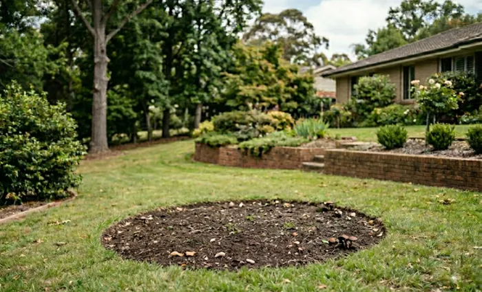 A clean circular patch of fresh topsoil fills the ground on a residential lawn after a large tree stump was completely eliminated by a professional stump grinding service.