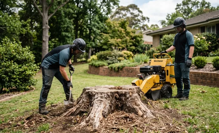 Two professional tree service technicians prepare a heavy commercial stump grinder machine and shovel to remove a massive, weathered tree stump from a green residential backyard lawn.