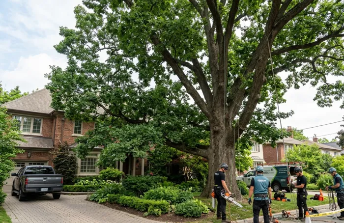Tree service specialists gather equipment and safety ropes at the base of a giant, mature residential tree, preparing for a controlled dismantling and removal project next to a driveway.