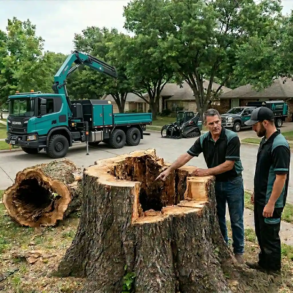 Professional tree service technicians point out hidden structural rot inside a massive stump that looked fine from the street but was completely hollow at the base