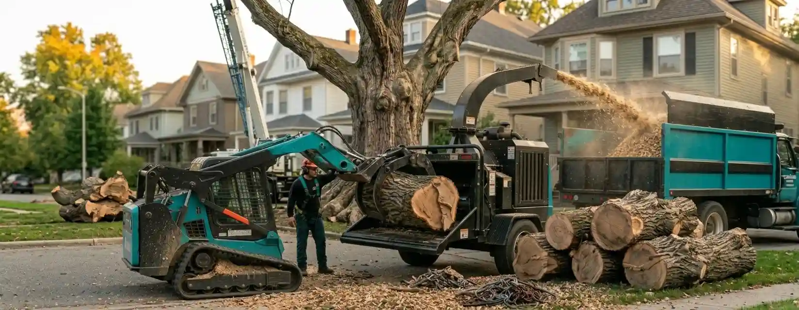 Professional arborists from Guardian Tree Care manage the complex removal of a large old tree in an established neighborhood, utilizing industrial shredding machinery and a commercial dump truck.