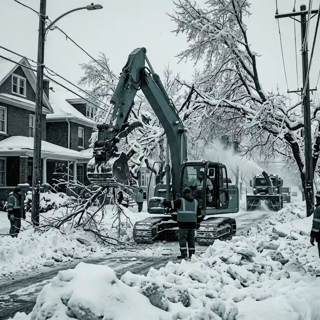 Professional arborists clearing frozen tree limbs blocking a suburban road after heavy snowfall, featuring municipal utility workers guiding a large excavator on an icy, snow-packed street.