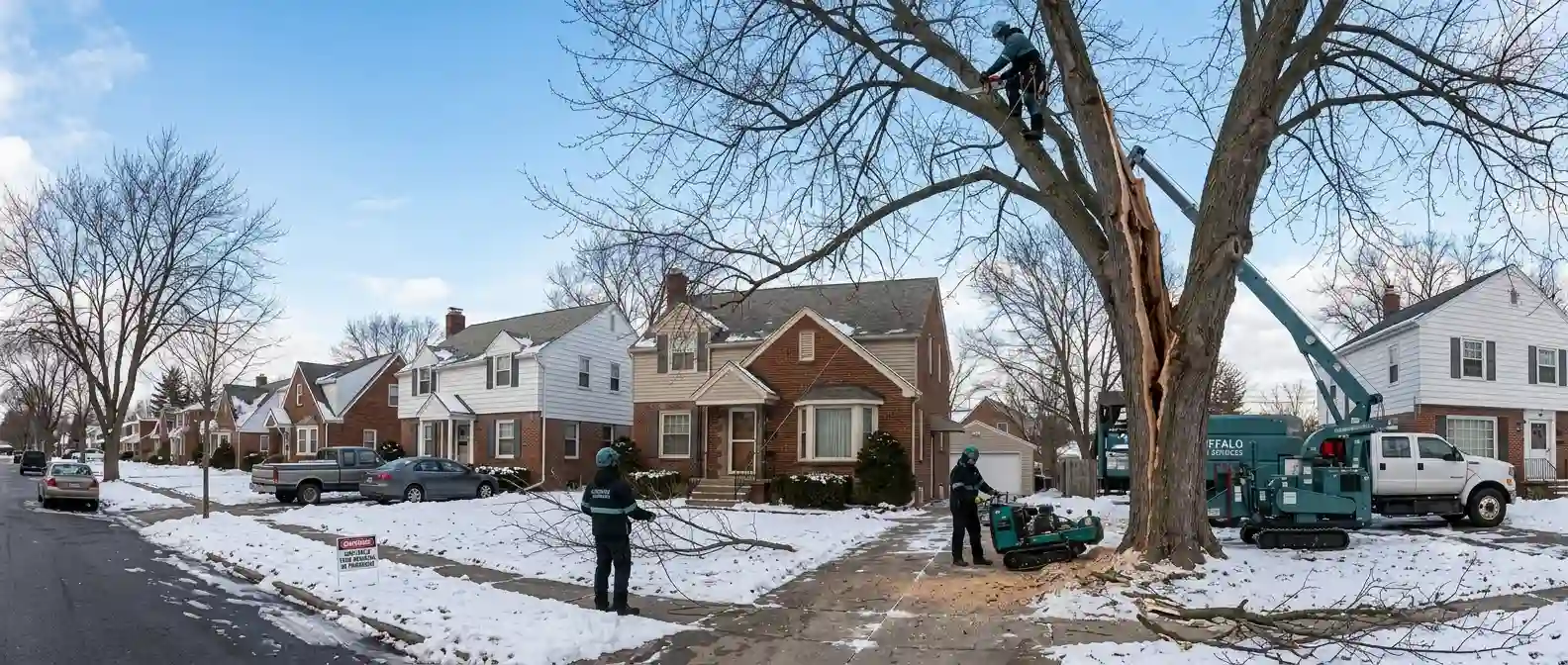 Professional arborists from Guardian Tree Care dismantle a dangerously cracked tree trunk in a suburban front yard, utilizing compact tracked machinery and a crane truck during winter.