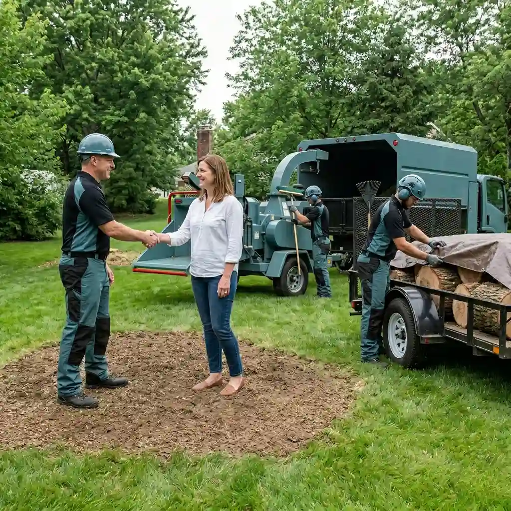 Professional arborists from Guardian Tree Care finishing a yard cleanup service, shaking hands with a client on a green lawn near a wood chipper truck and log trailer.