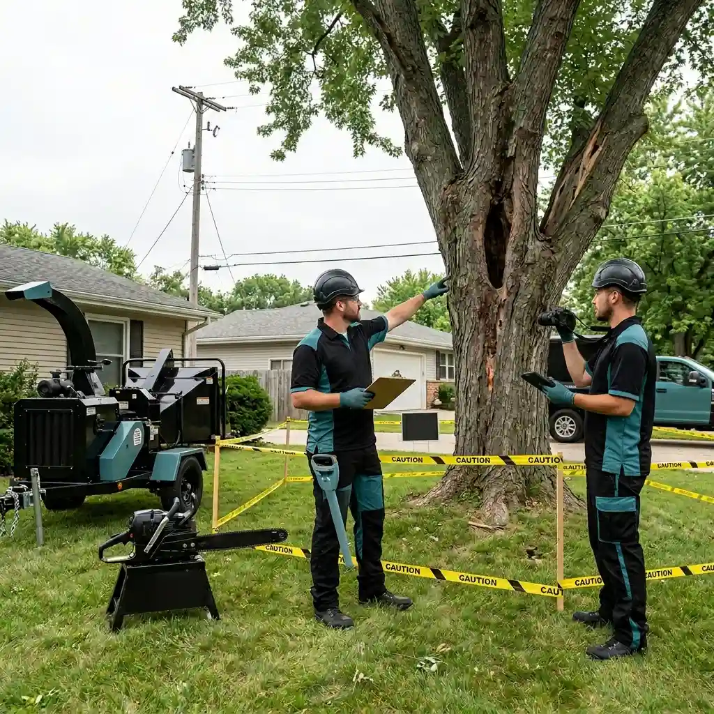 Two tree service specialists wearing safety gear evaluating a diseased suburban tree trunk during a pre-work site inspection