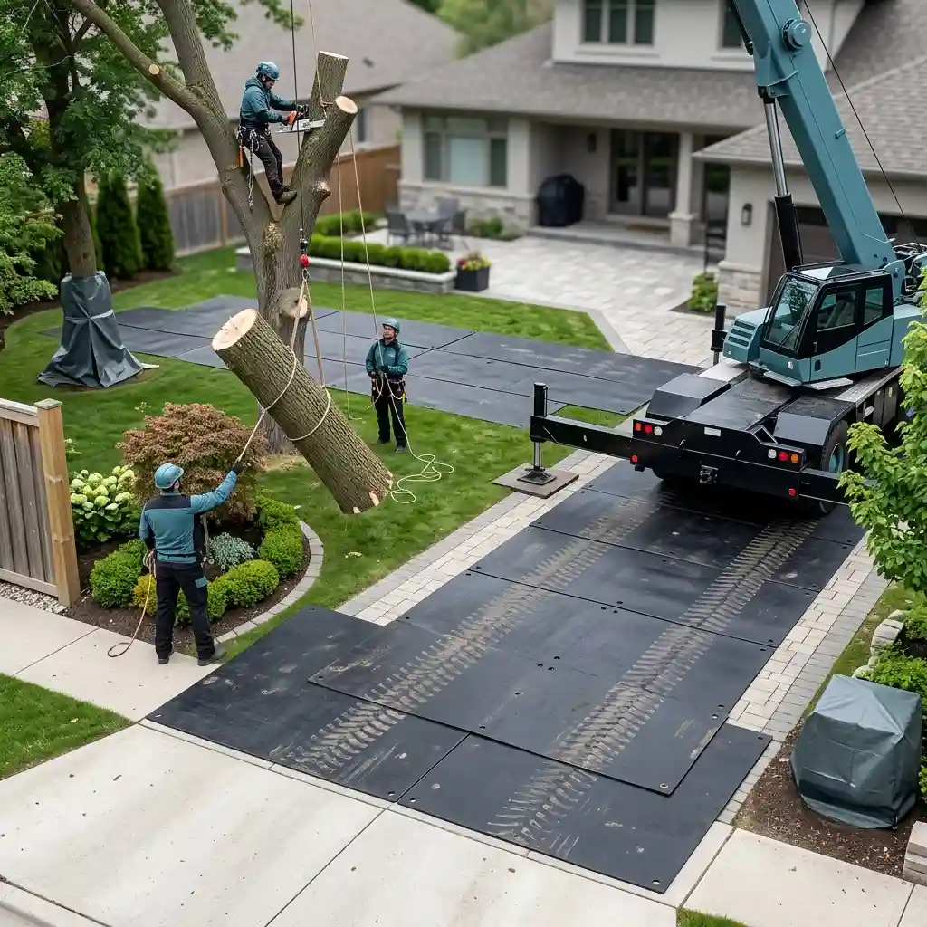 Guardian Tree Care arborists use a heavy crane to lift a cut tree trunk over a residential lawn meticulously protected with durable black ground rigging mats.