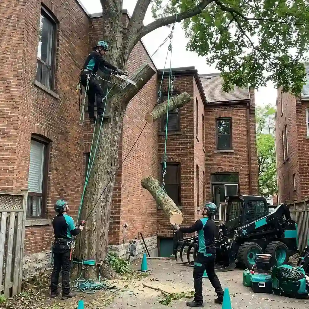 Guardian Tree Care specialists utilize an advanced pulley and rope rigging system to safely lower heavy cut logs between tight residential brick buildings in an urban alleyway.