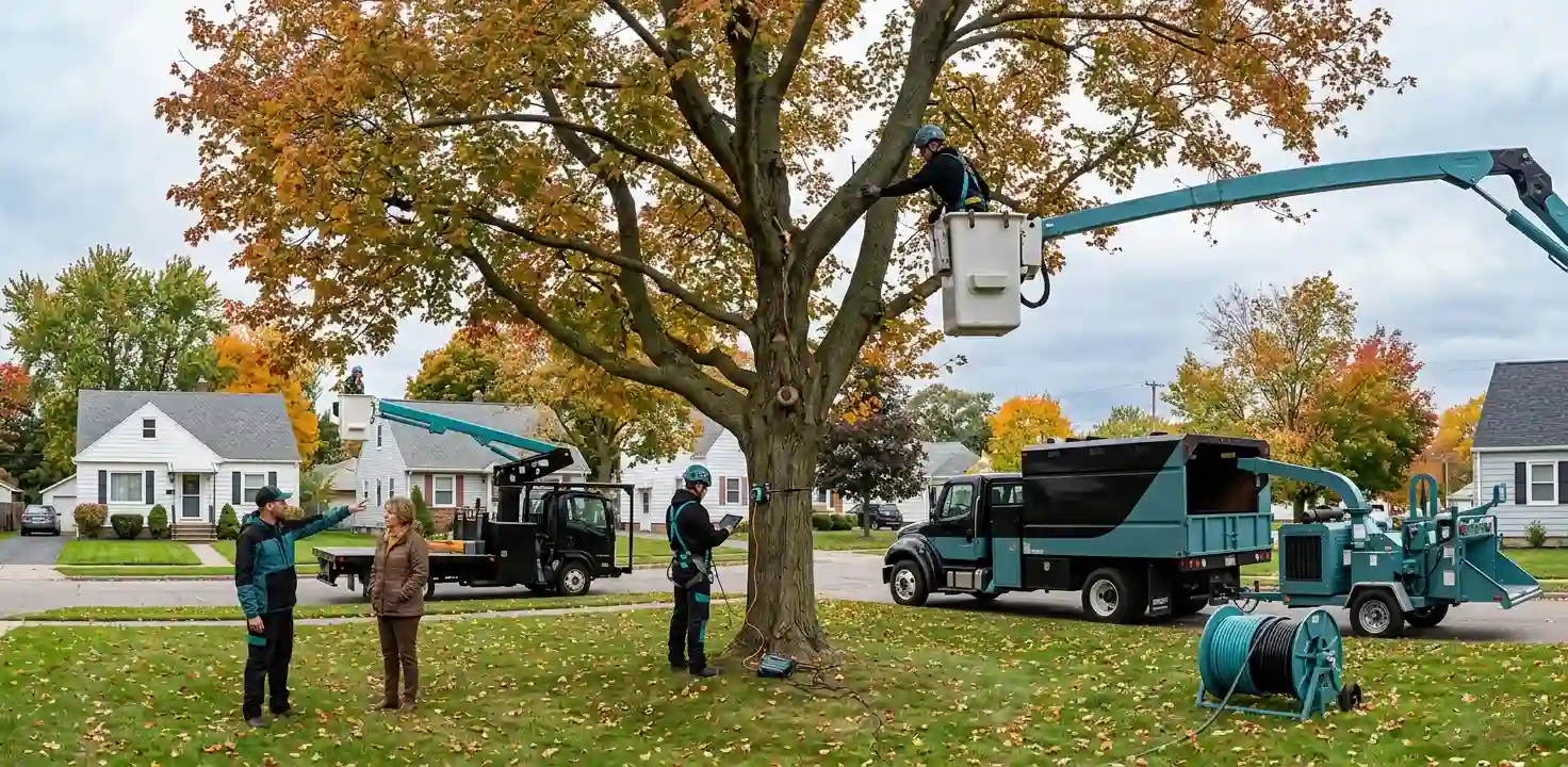 Tree technicians evaluate a mature tree in autumn using specialized structural testing equipment and a bucket truck, providing a comprehensive fall pre-storm assessment for a residential client.