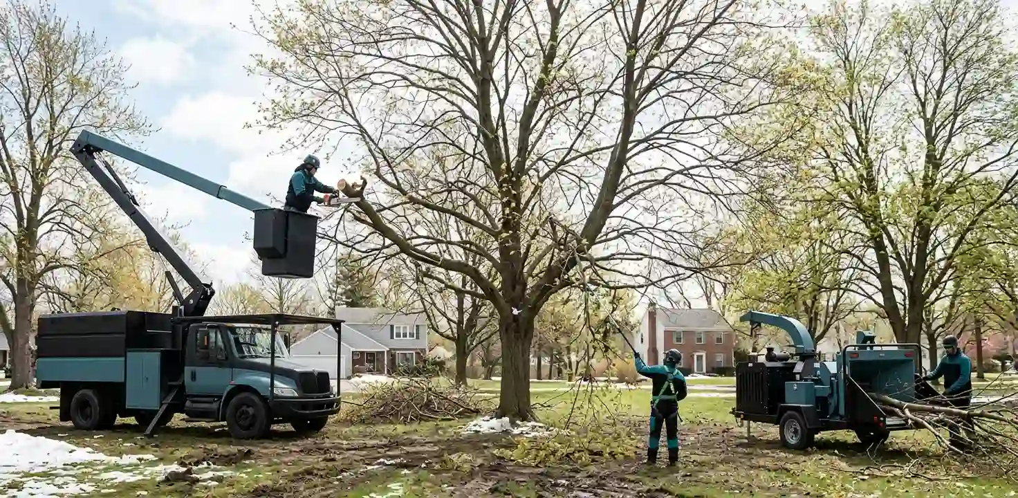 Professional tree service workers use a bucket truck and commercial wood chipper to prune large budding trees in a residential neighborhood, performing essential spring storm preparation and cleanup.