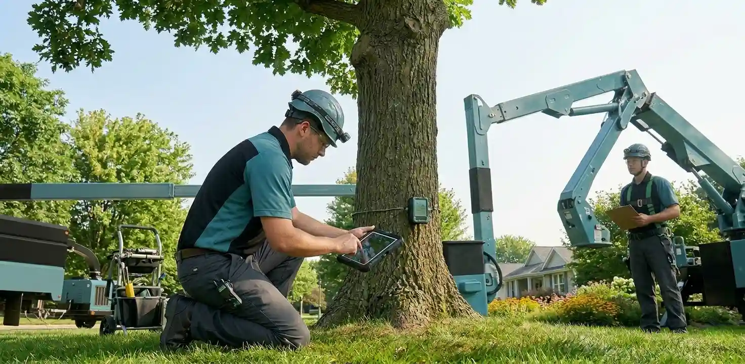 Professional tree technicians utilize advanced diagnostic sensors and tablets to track structural health, showcasing expert summer plant care, active growth monitoring, and preventative arborist services on a green lawn.