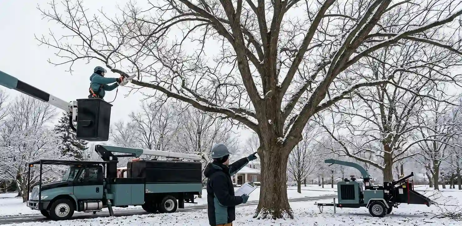 Professional tree service workers utilize a bucket truck and wood chipper during a winter property assessment, conducting tree trimming, hazard branch removal, and safety inspections in the snow.