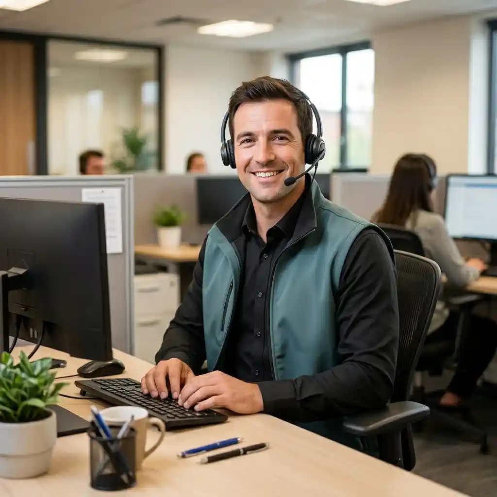 A smiling customer service representative wears a headset at a computer desk, ready to help clients contact Guardian Tree Care for emergency tree removal and arborist maintenance.