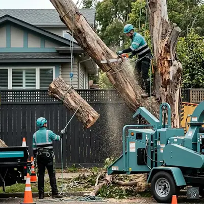 The Guardian Tree Care team safely removing a hazardous, leaning tree near tight property lines.