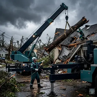 Guardian Tree Care team using a crane to remove a fallen storm-damaged tree from a house roof.