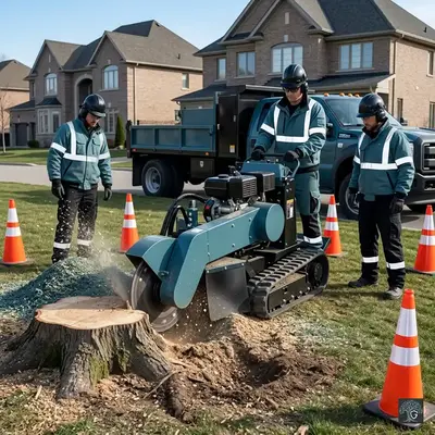 Guardian Tree Care team using an industrial stump grinder to clear a large tree stump.
