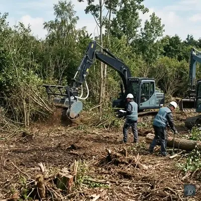 Guardian Tree Care team clearing raw acreage, thick brush, and standing trees from a construction site.