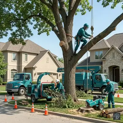 Guardian Tree Care team performing safety pruning and sectional trimming to clear a residential roofline.