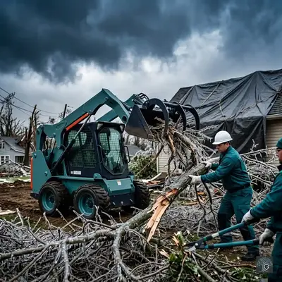Guardian Tree Care team hauling heavy split limbs and clearing shattered brush after an ice storm.