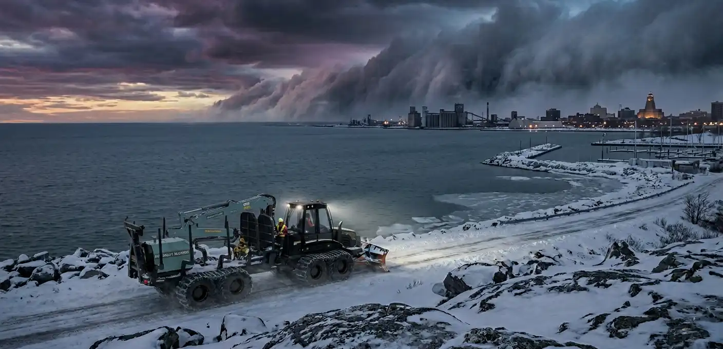 Heavy municipal storm management vehicles deploying along the freezing Buffalo waterfront to manage extreme lake-effect snow accumulation, showcasing vital cold-weather emergency operations in New York.