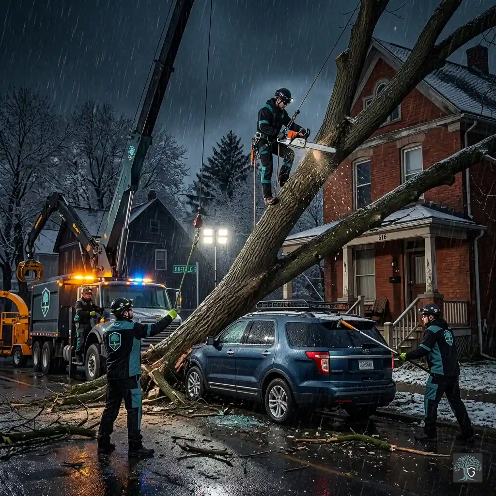 Emergency response crew using a crane and chainsaw at night to remove a massive fallen tree trunk crushing a blue SUV on a snowy residential street.