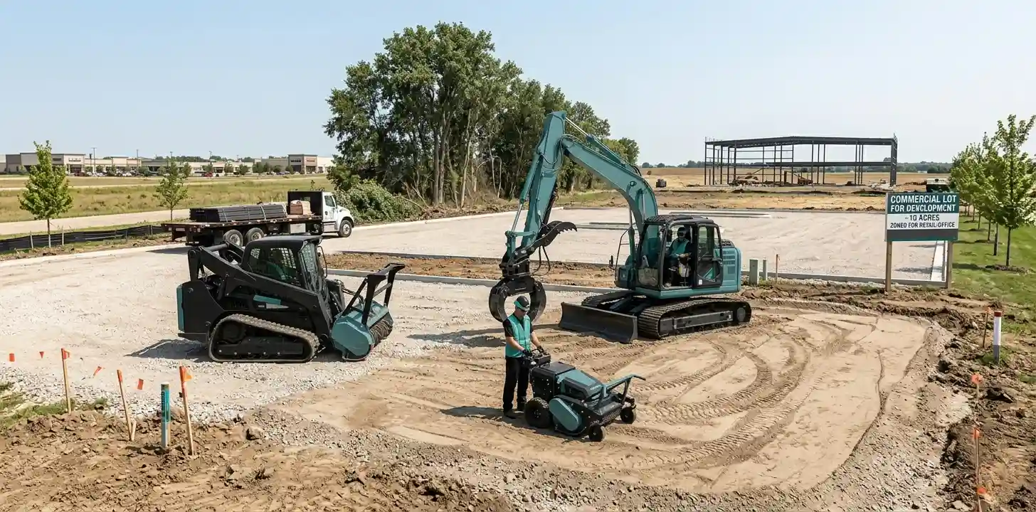 A commercial construction site being cleared by Guardian Tree Care operators using a large blue excavator and a compact tracked loader to prepare a leveled dirt plot for building.