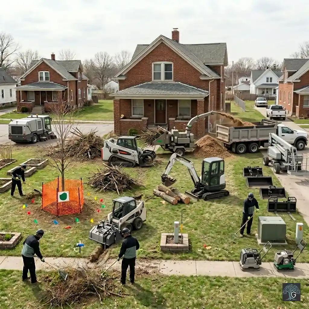 Guardian Tree Care crew performing extensive residential lot and land clearing using a mini excavator, skid steers, a brush chipper, and a dump truck to clean the lawn.