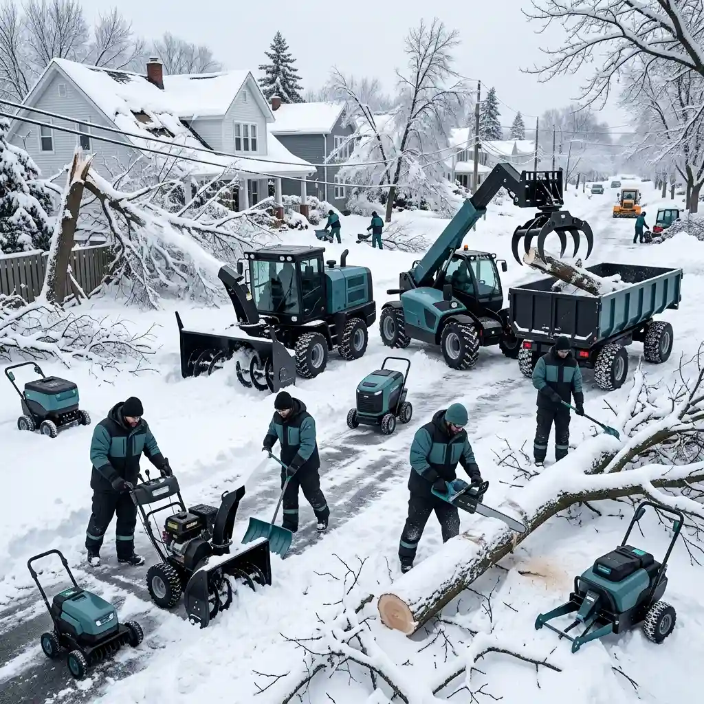 A snow damage recovery crew clearing a snow-covered suburban street after a major storm, using heavy equipment including a loader, grappler, snow blowers, and chainsaws for fallen tree removal.