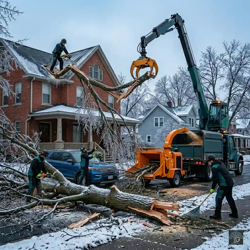 Guardian Tree Care technicians use a crane truck, chainsaws, and an orange wood chipper to clear fallen ice-covered branches after a severe winter storm on a residential street.