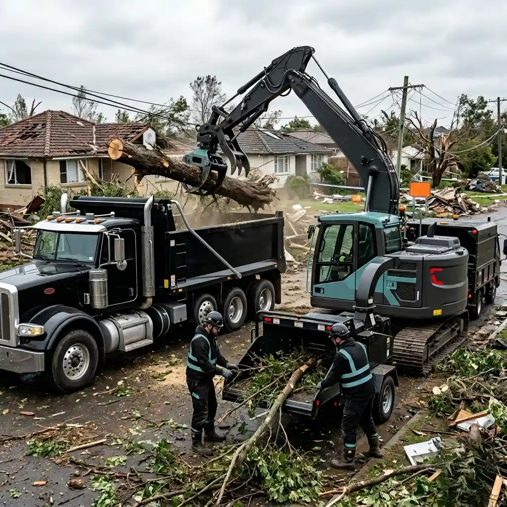 Emergency crews from Guardian Tree Care manage severe disaster cleanup on a suburban street, utilizing heavy machinery, dump trucks, and wood chippers to clear extensive storm debris.