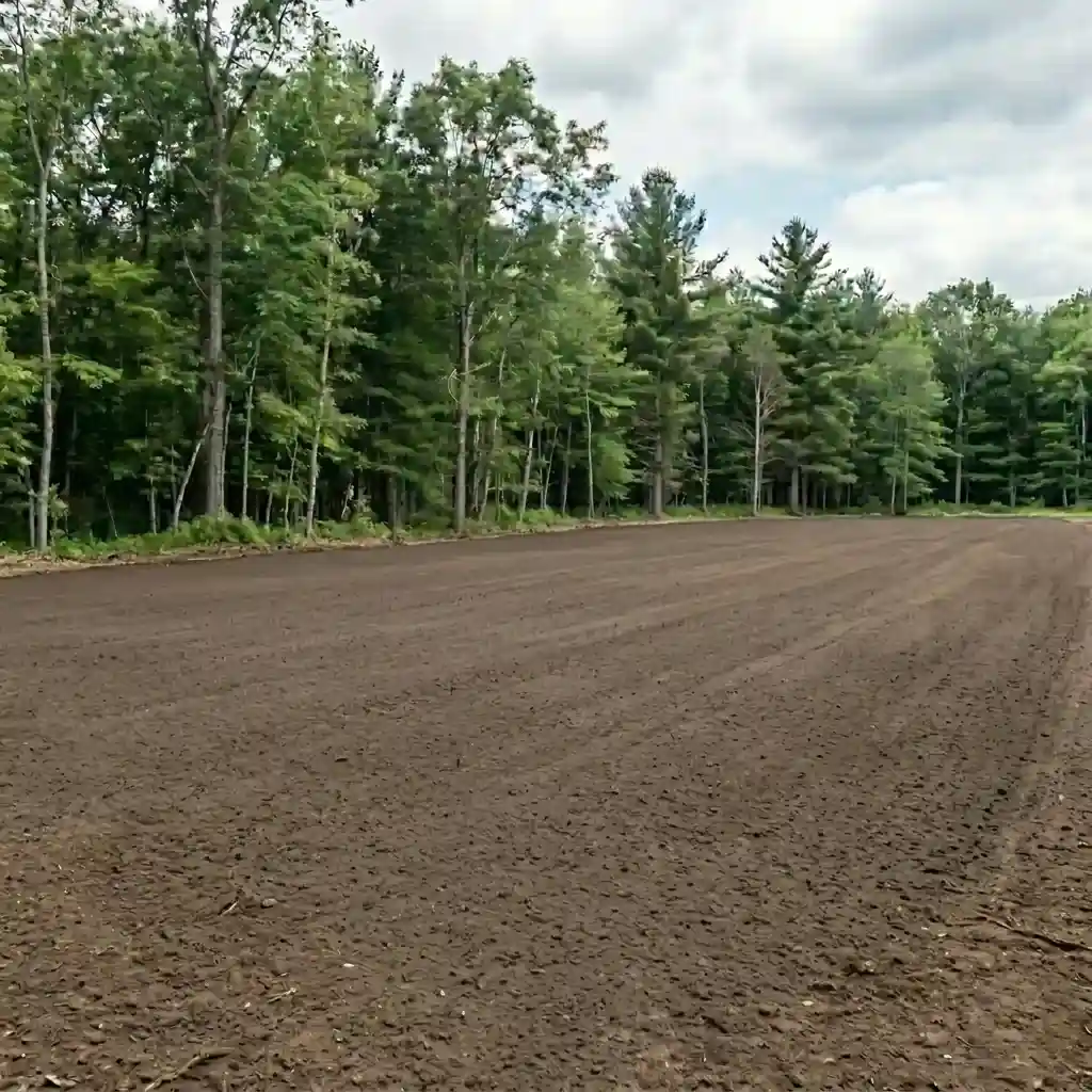 A completely cleared and leveled plot of dark soil field under a cloudy sky, showing the clean results of professional tree removal and land clearing services.