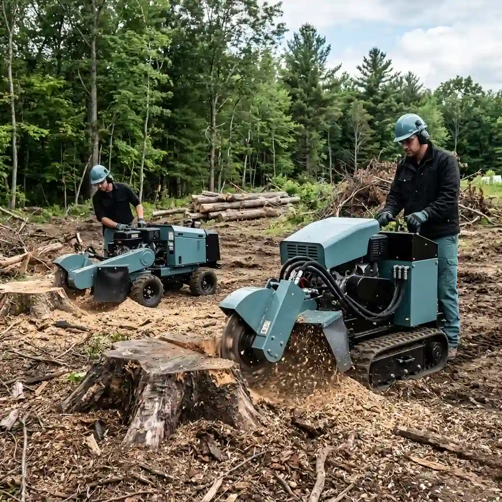 Professional arborist operating a heavy-duty tracked stump grinder to remove a large tree stump in a cleared forest area, spraying wood chips and debris during land clearing.