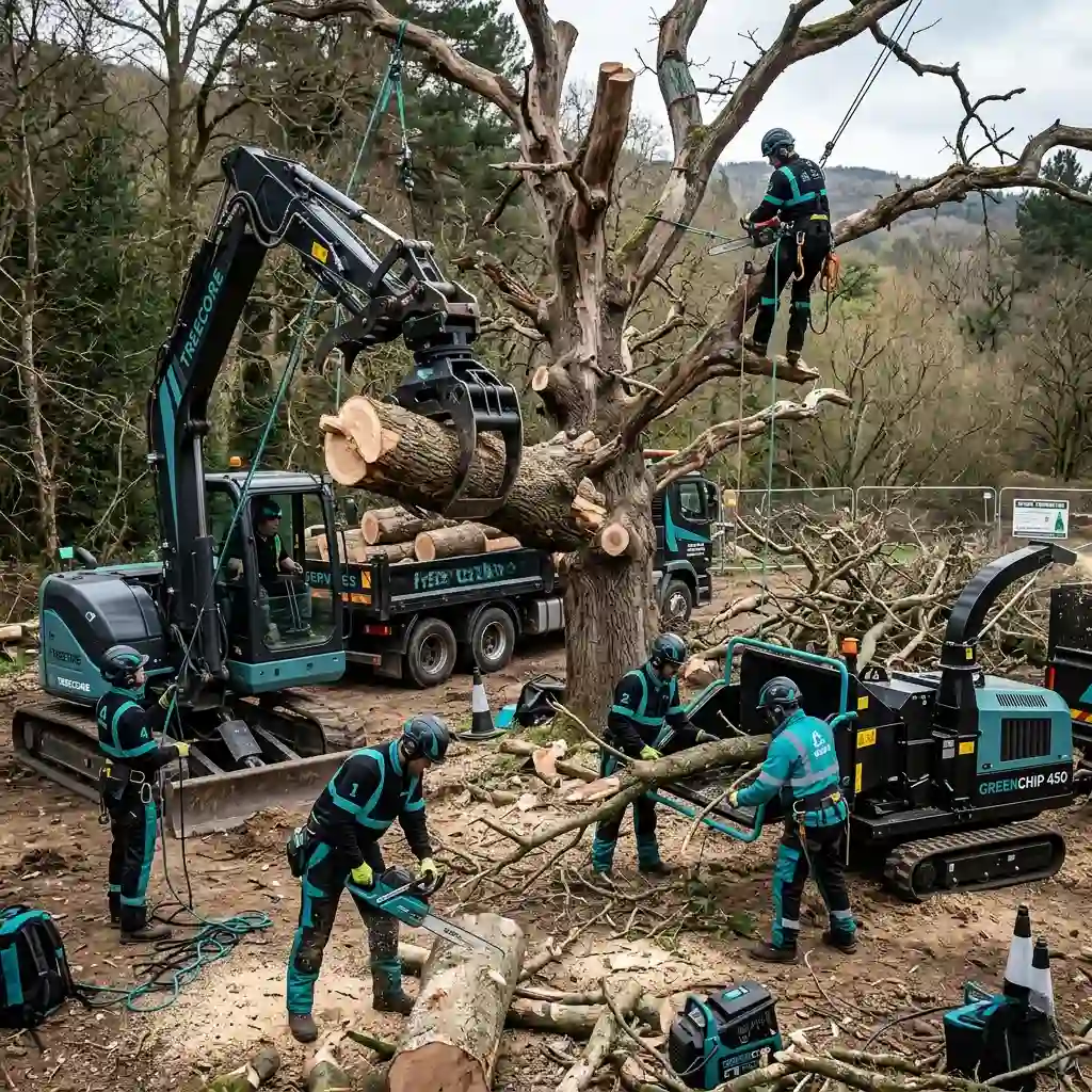 An arborist team from Guardian Tree Care coordinates a large-scale dead tree removal operation. One worker is suspended high in the bare tree cutting branches, while an excavator grapple grabs a heavy log, ground crew members use chainsaws, and others feed debris into a wood chipper.