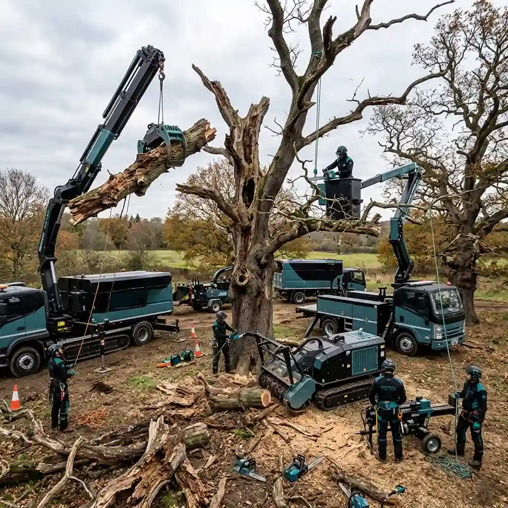 Guardian Tree Care arborist crew safely coordinates the removal of decaying limbs from a massive tree using a crane grapple, bucket lift, and heavy ground machinery.