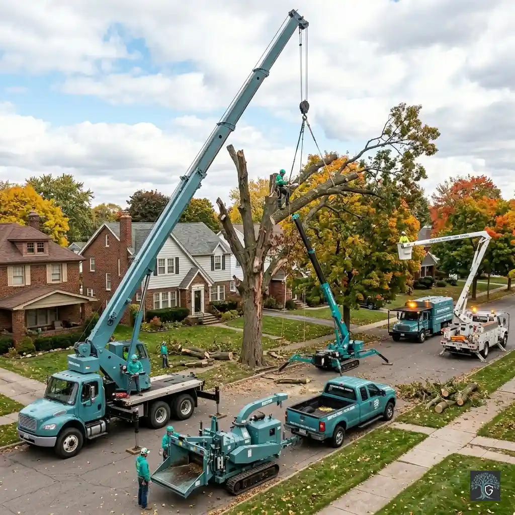 Guardian Tree Care crew using a crane and heavy equipment to safely dismantle a large tree near a house.