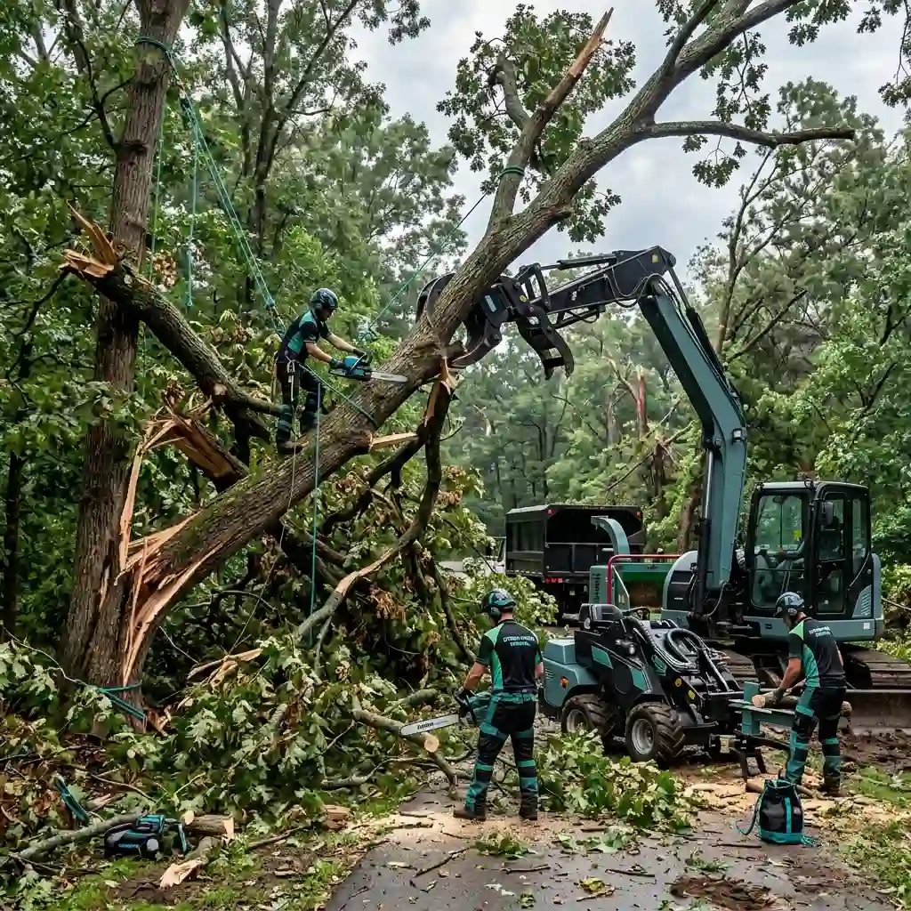 A Guardian Tree Care arborist scales a storm damaged tree, using a chainsaw to safely clear debris alongside an excavator claw and ground crew handling cleanup machinery.
