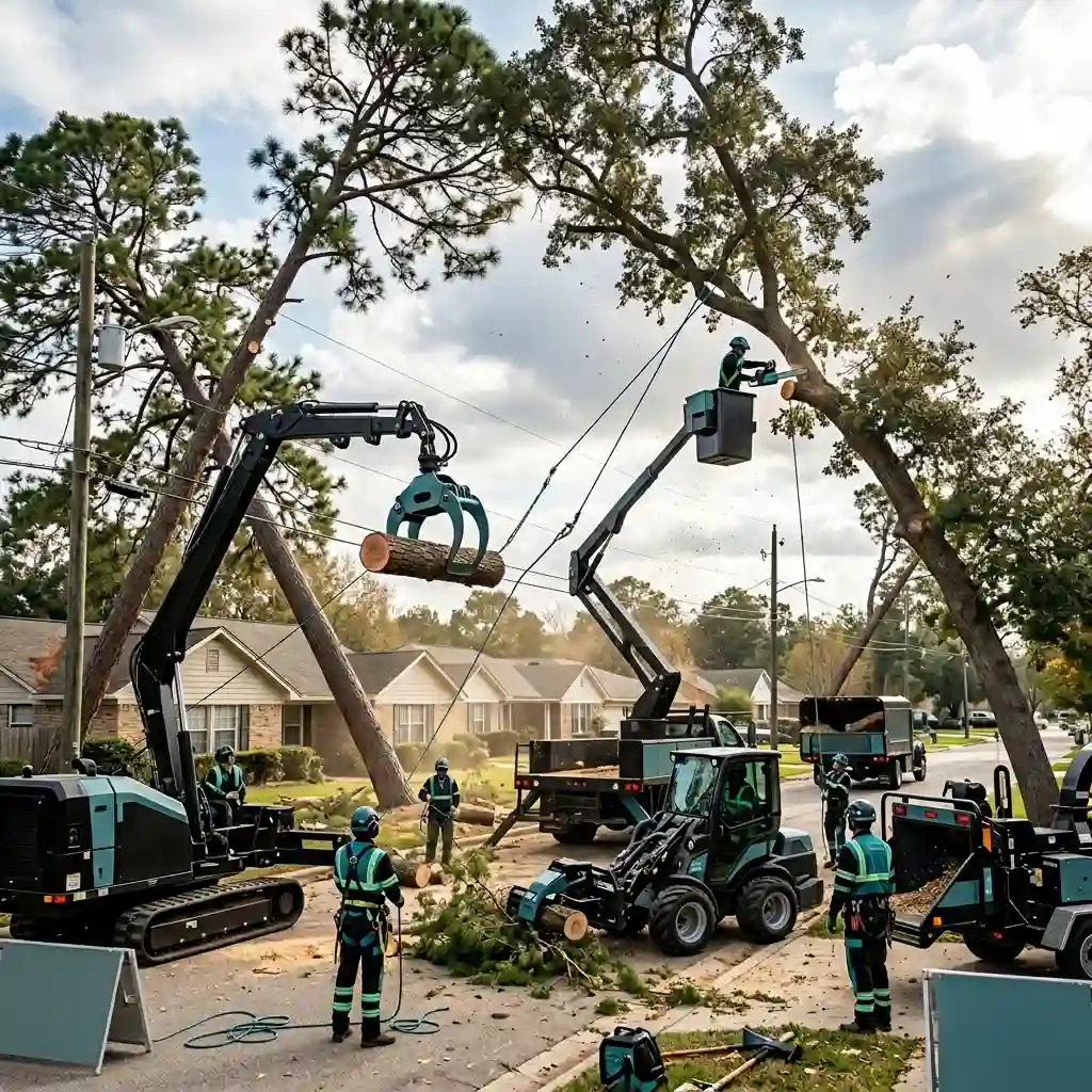 Guardian Tree Care crew handles street leaning trees in a residential area. Heavy machinery, a bucket truck arborist, and ground workers safely cut and clear large overhanging branches on the street.