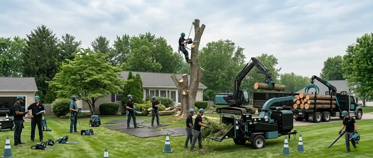 Guardian Tree Care team safely executes a complete tree removal on a residential lawn, utilizing a climber with a chainsaw, a ground crew with a chipper, and heavy equipment including an excavator with a grapple and a log truck.