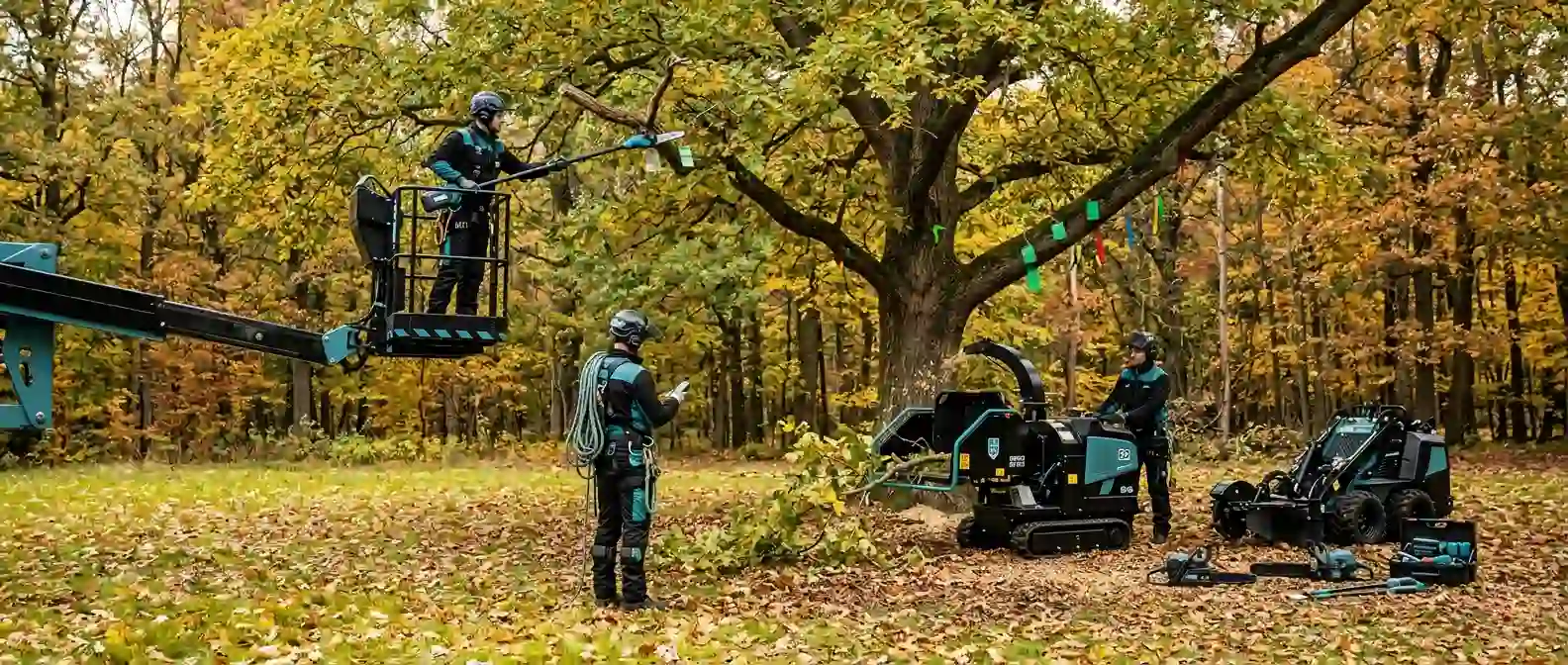 Professional tree care crew performing fall pruning on a large oak tree surrounded by autumn leaves. An arborist in a lift uses a pole saw while ground workers operate a wood chipper.