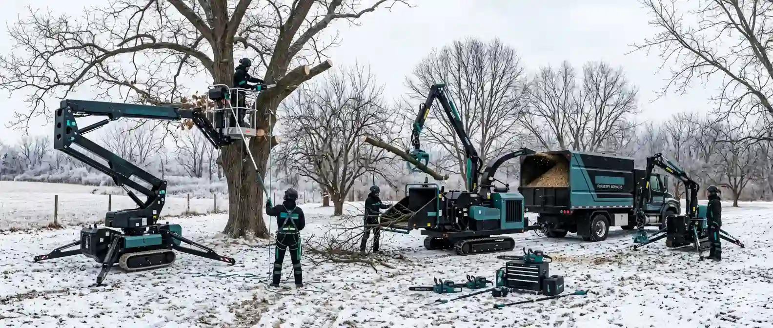 Professional tree service crew pruning a large, bare tree in a snowy winter field using a spider lift, tracked wood chipper, and a forestry truck to process large branches.