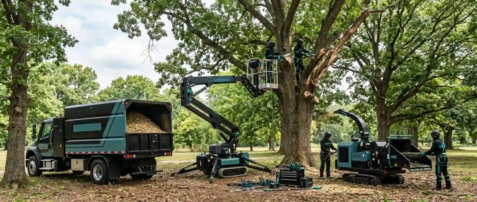 Professional tree care crew performing summer pruning on a large oak tree. Arborists utilize a tracked spider lift, chainsaws, a wood chipper, and a forestry truck to safely clear heavy branches.