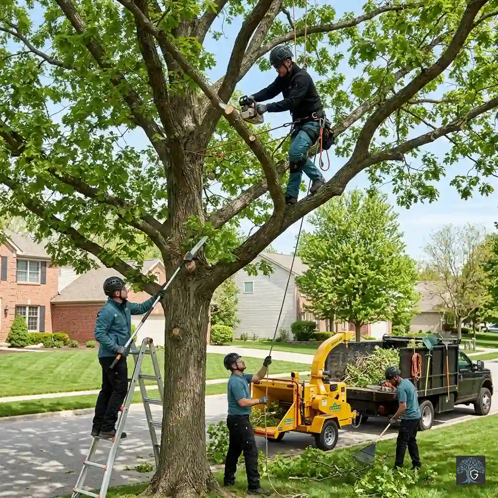 Professional tree service crew pruning a large oak tree in a suburban neighborhood. One arborist uses a chainsaw high in the branches while ground workers manage safety ropes, a pole saw, and a wood chipper.