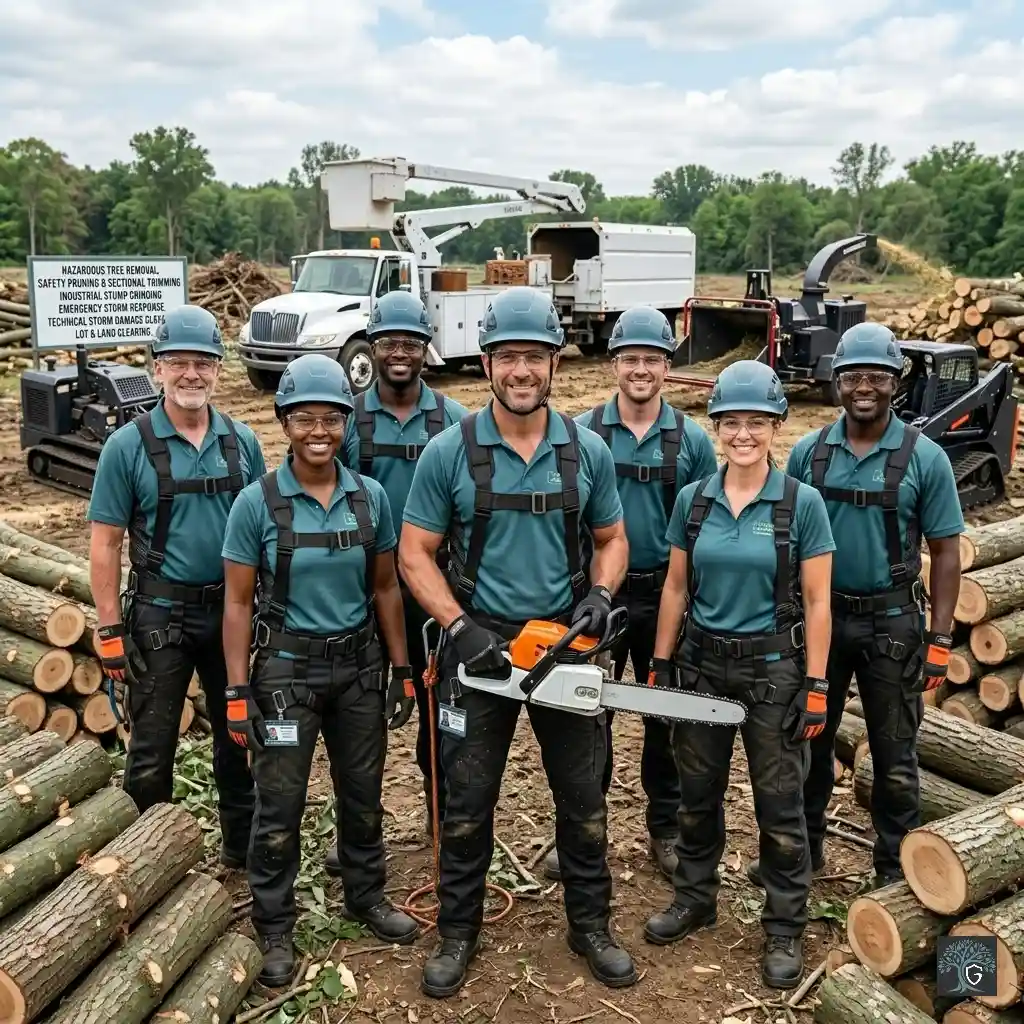 The professional arborist crew at Guardian Tree Care standing together at a work site, wearing matching teal uniforms and safety gear. The team is surrounded by logs, a bucket truck, wood chipper, and a sign listing services like hazardous tree removal and storm response.